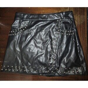 Forever 21 Black Pleather Silver Studded Moto Biker Mini Skirt L Pockets Goth